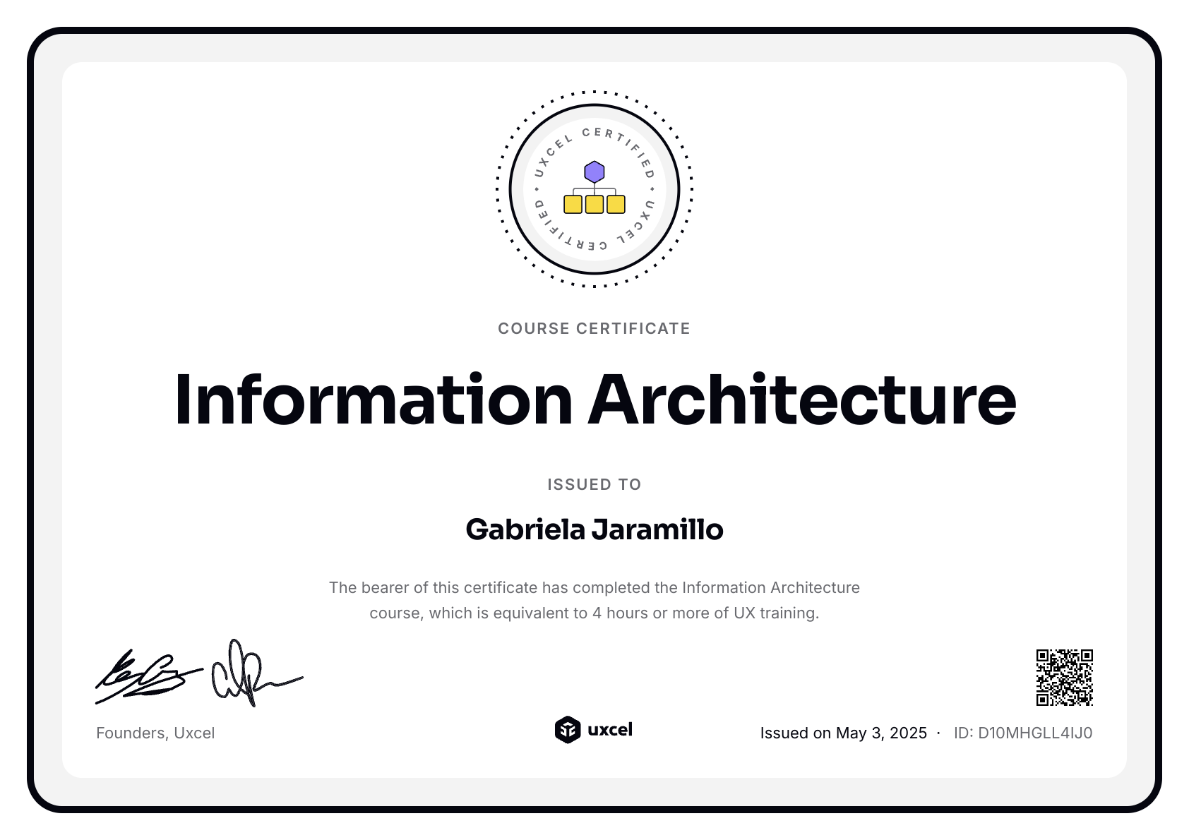 Gabriela Jaramillo's certificate